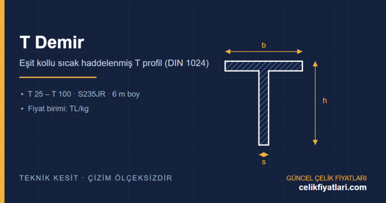 T demir eşit kollu T profil kesit teknik çizimi