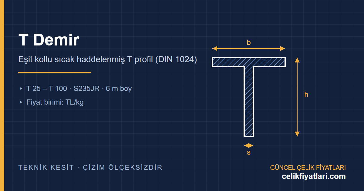 T demir eşit kollu T profil kesit teknik çizimi