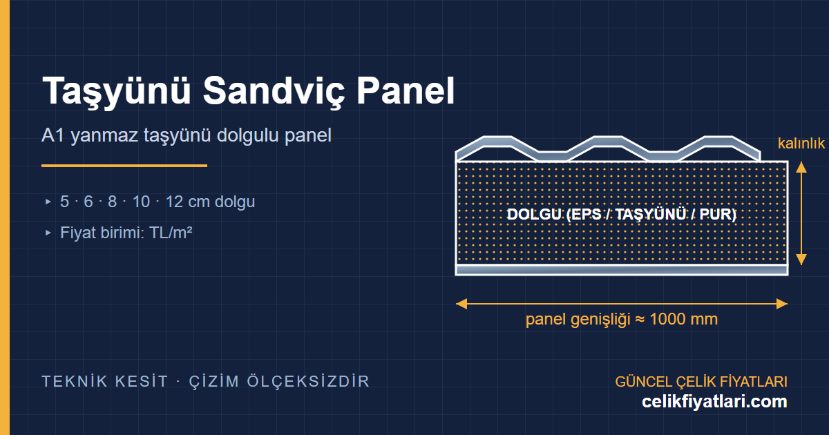 Taşyünü sandviç panel kesit teknik çizimi